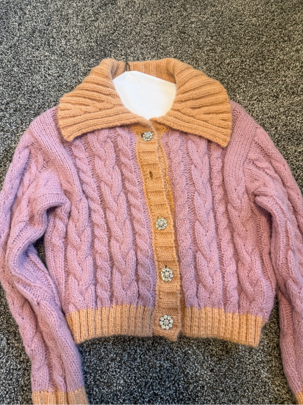 Pink and Peach Cable Knit Button-Up Sweater (missing button)